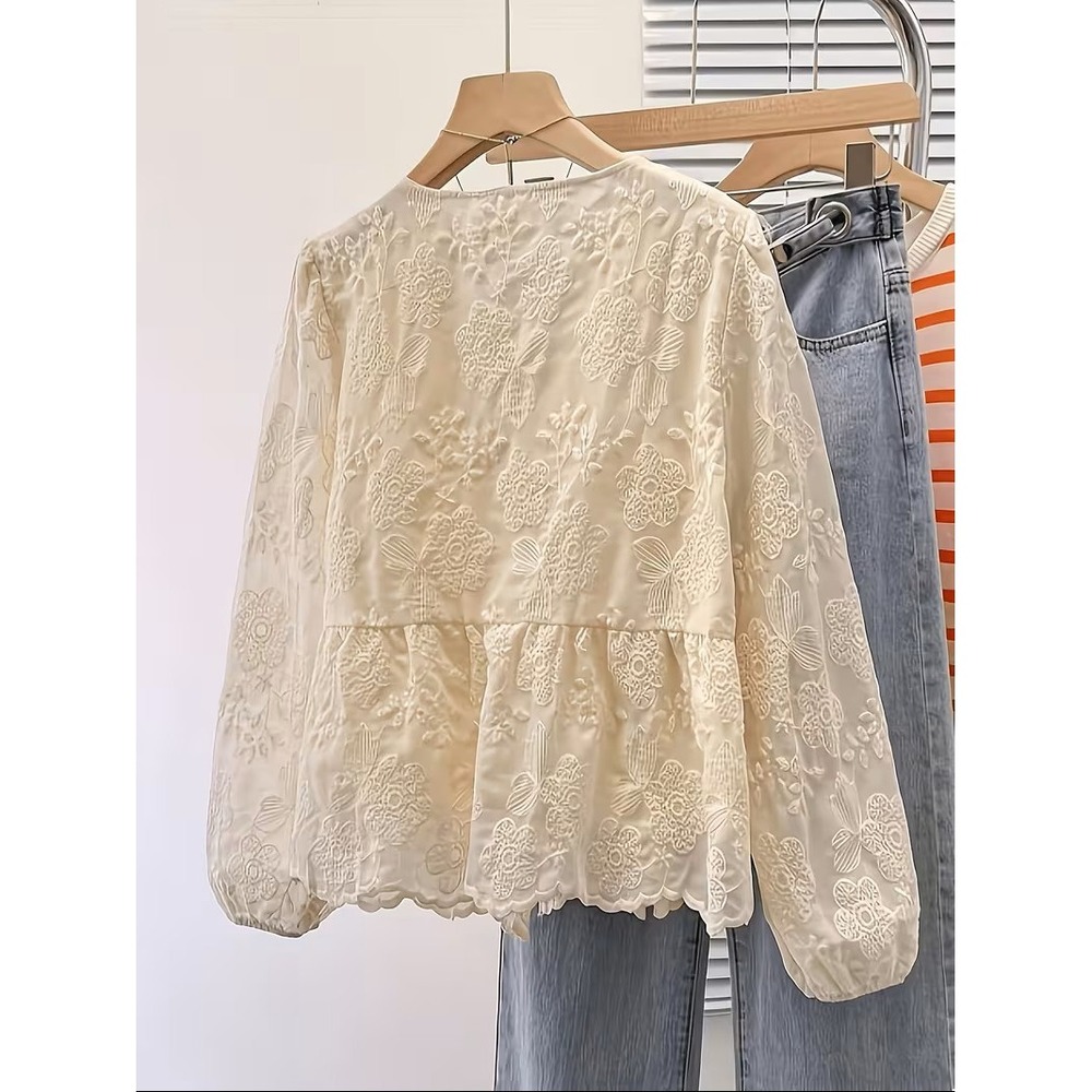 Unbranded Floral Embroidered Peplum Blouse Cream V-Neck Button Front NEW Sz L - Picture 2 of 2